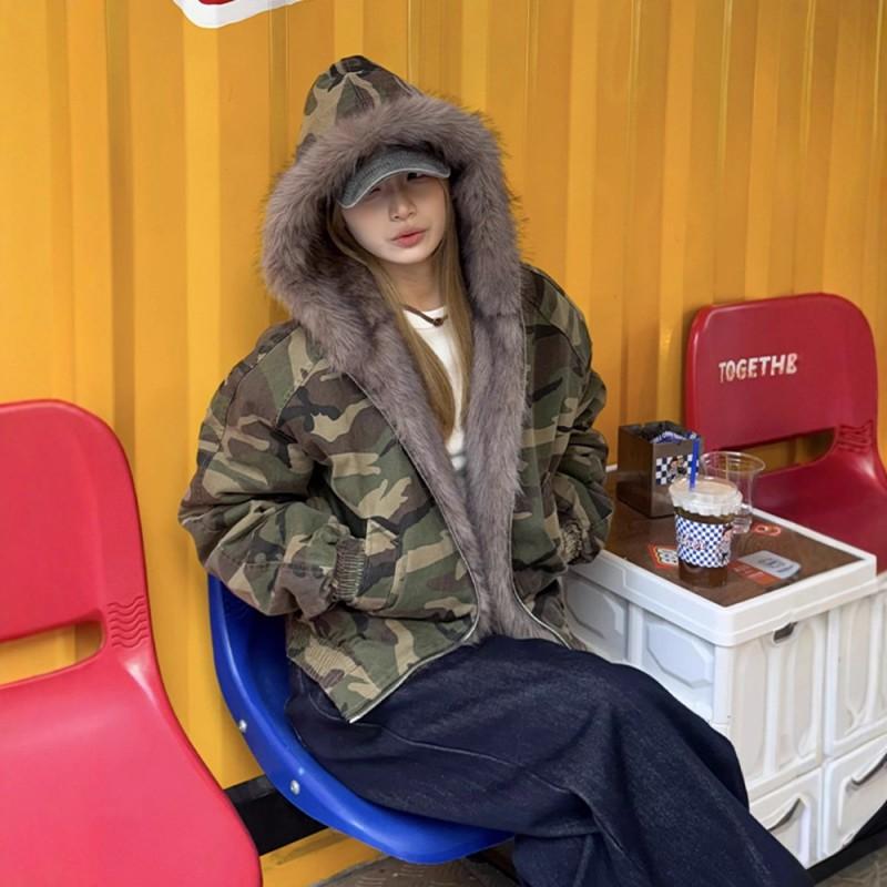 Winter Vintage Camo Puffer Jacket Men Women Hooded Parka Coat Fleece Lined Thick Warm Streetwear