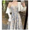 French Blue Oil Painting Long Skirt Beach Skirt Floral Suspender Dress Female Summer Fairy Temperament High-end