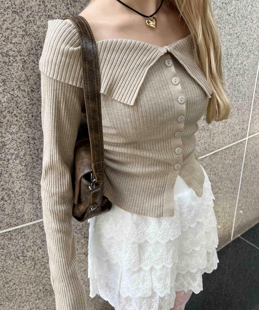 WEGO PHILLY Long Sleeve Korean Perfect Gift for and Size Beige Off-the-Shoulder Button-Front Top, T-Shirt, Girly, Casual, Style, Spring, Summer,