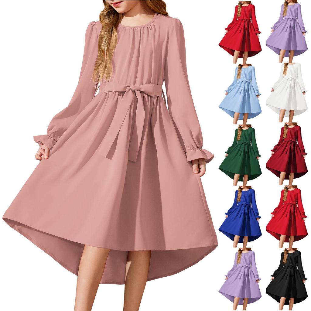 Girls' Long Sleeve Dress Belted Semi-Formal Party Dress