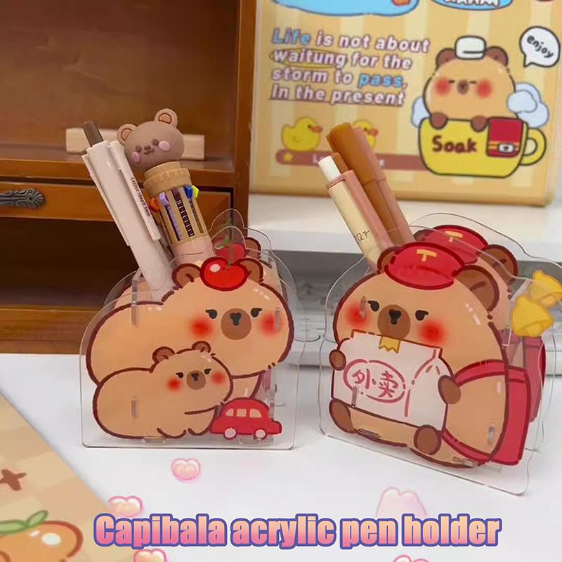 Креативный кавайный ящик для хранения ручек Capybara, прозрачный контейнер для ручек, многофункциональный настольный акриловый ящик для хранения канцелярских принадлежностей