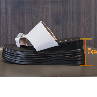 Fujin/летние женские тапочки из натуральной кожи с застежкой на носок, 7 см, туфли-лодочки на платформе, женские модные сандалии на танкетке, туфли на плоской подошве со стразами