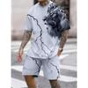2024 New Crew Neck Short Sleeve T-shirt Fashion Shorts Set 3D Lion Print Short Sleeve Shorts 2-piece Men's Summer Sports Set