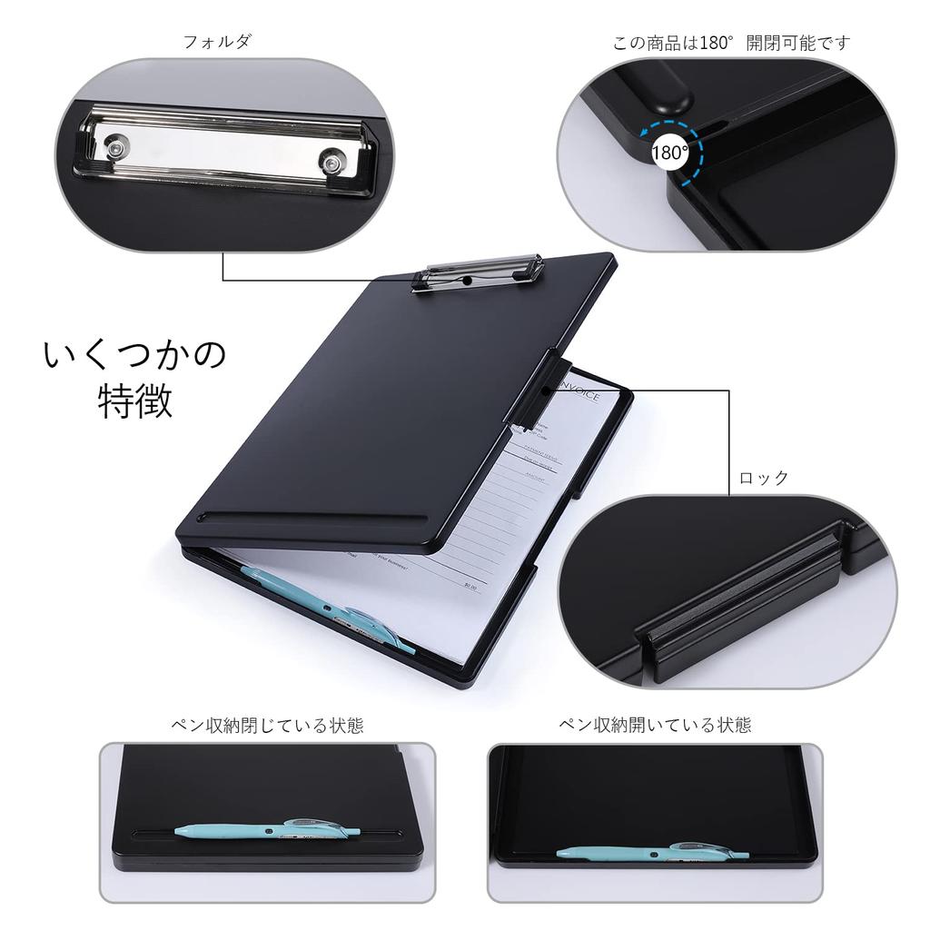 Homdolaser Clipboard Folder A4 Thin Clipboard Clip File Outdoor Clipboard with Storage File Board Binder File Conference Pad Black