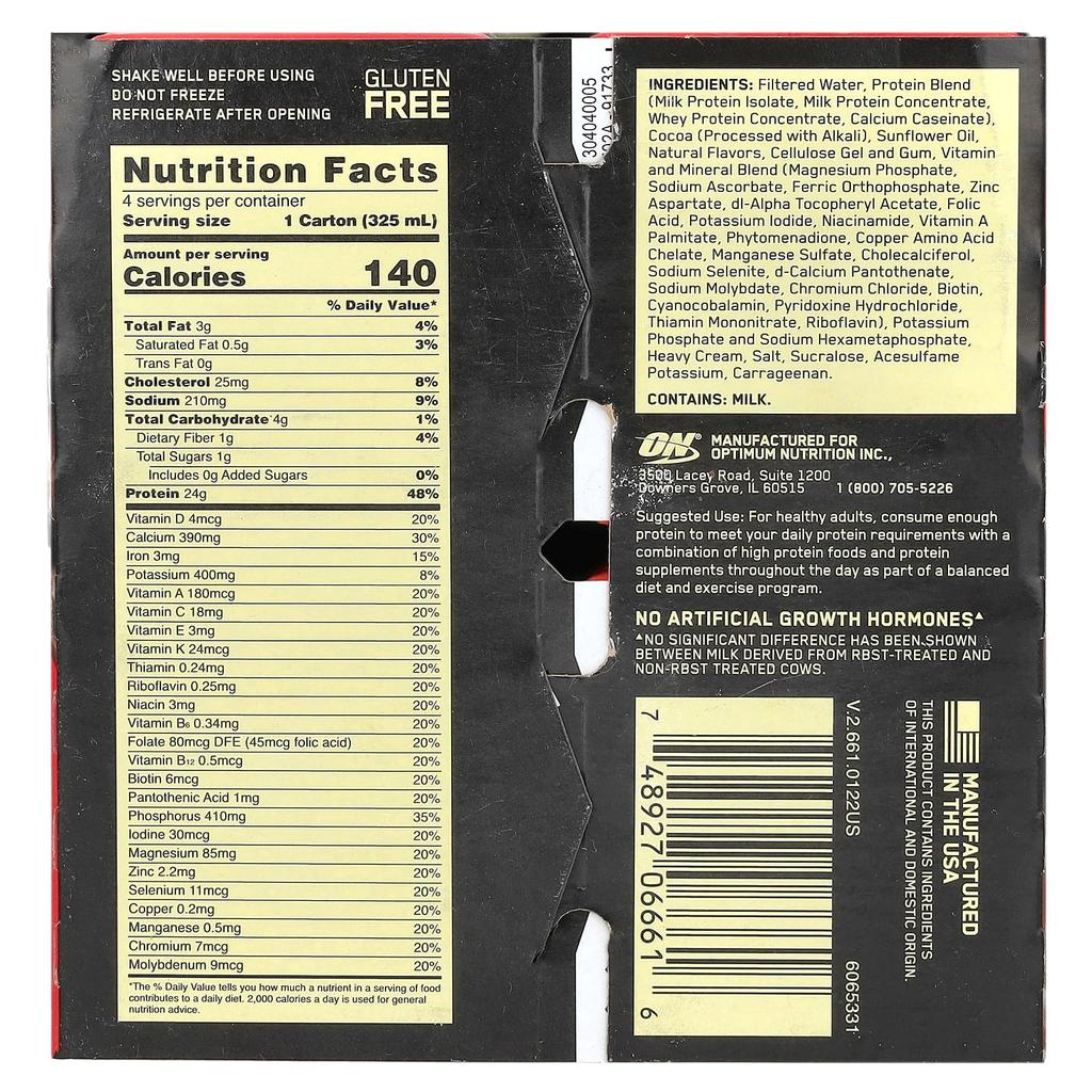 Gold Standard Protein Shake, Chocolate, 4 Pack, 325 Ml (11 Fl Oz) Each