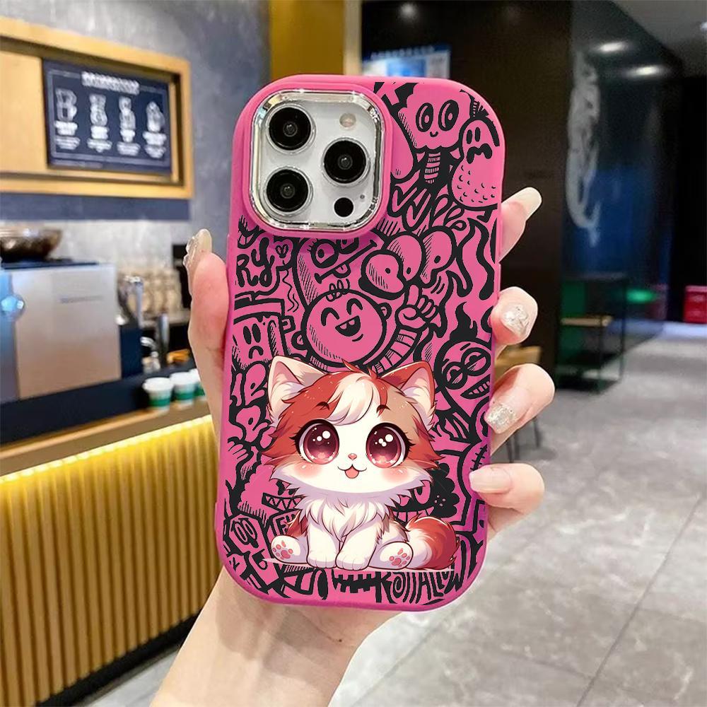 Phone case: 2D flat design suitable for iPhone 18 17 16 15 14 13 Pro protective case, couple style, long-haired kittens, Christmas and Halloween gift