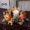 Thanksgiving Artificial Wreath Candle Ring Maple Leaf Pumpkin Pinecone Candle Holder Garland Harvest Festival Table Centerpiece Decoration