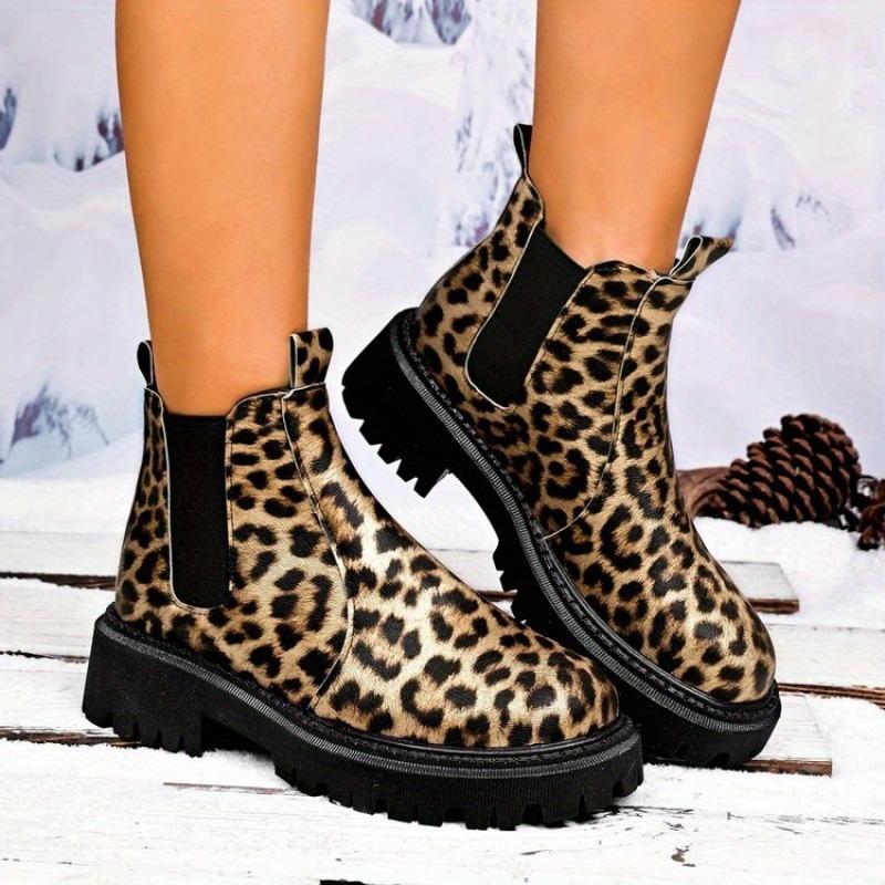 Women's Leopard Print Slip-On Boots - Pull-On Closure, Synthetic Cover Upper with Non-Slip Rubber Sole, All-Season Casual & Formal Footwear