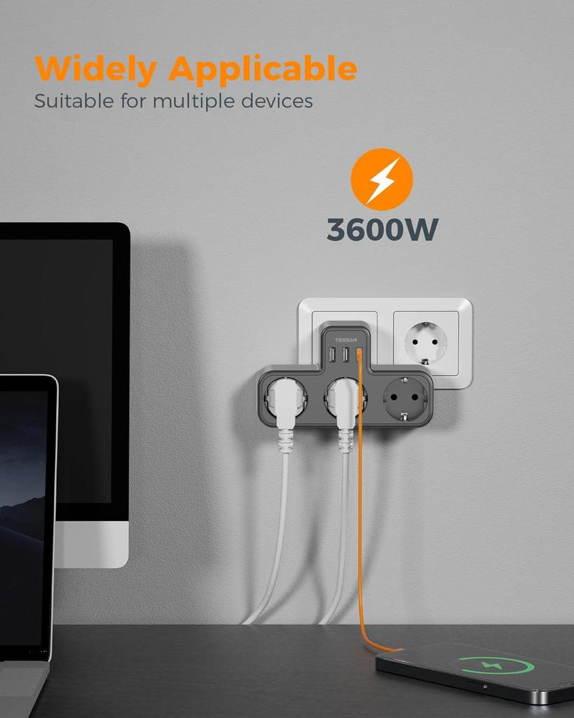 Tessan Сетевой фильтр с 3 розетками и 3 портами USB, электрический фильтр 6 в 1, сетевой фильтр для дома и офиса, совместимый с телефонами и ноутбуками