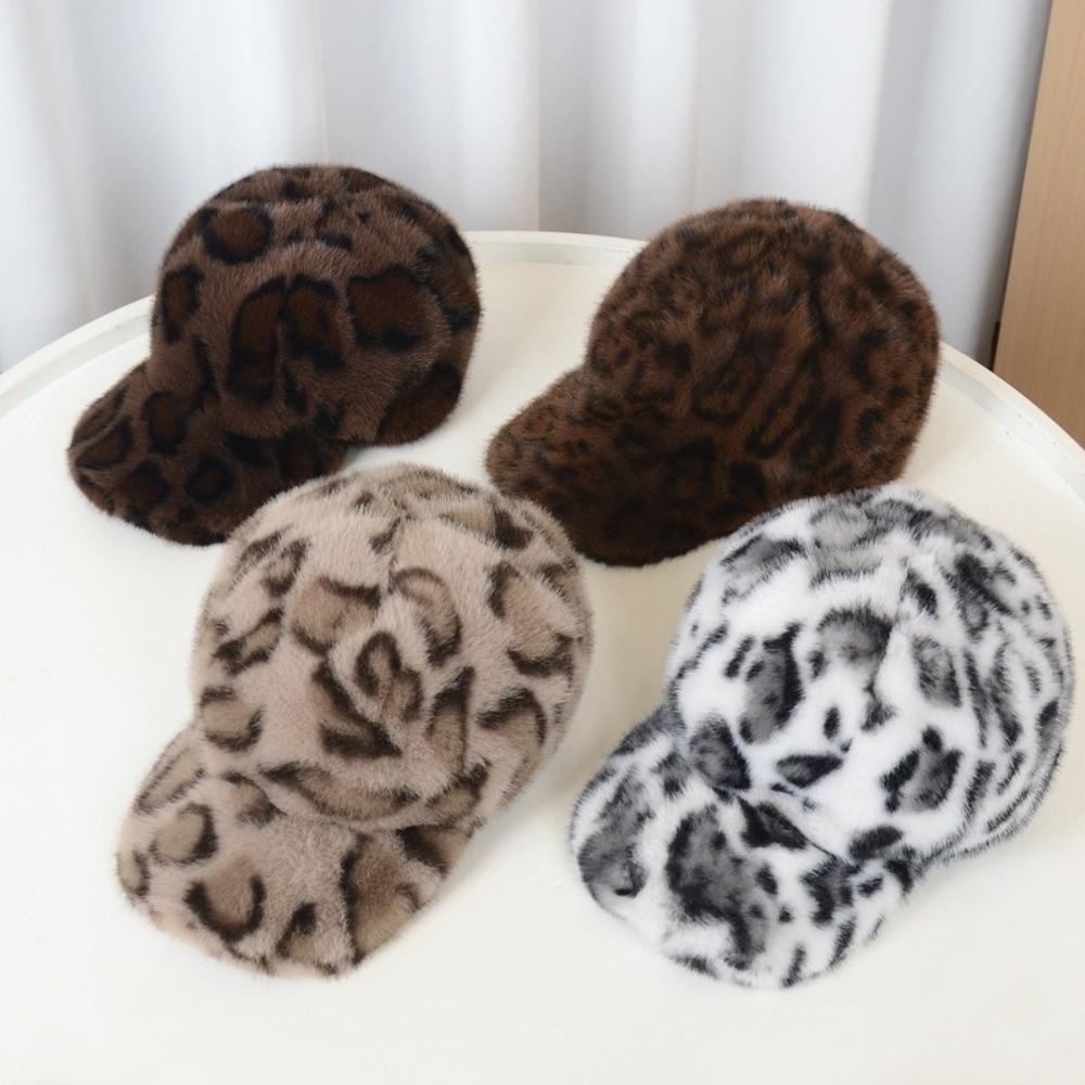 Thick Lining Faux Mink Cap Leopard Print Plush Hat New Baseball Cap Autumn Wear
