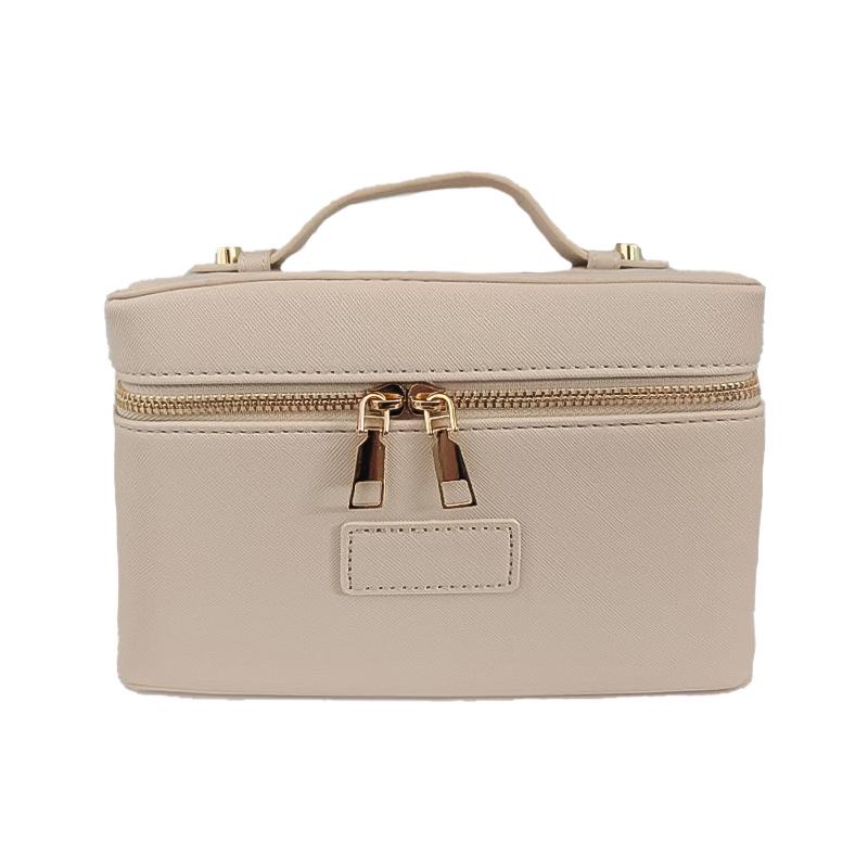 Portable Cross-Grain Leather Cosmetic Bag with Gold Hardware - Makeup and Skincare Travel Organizer