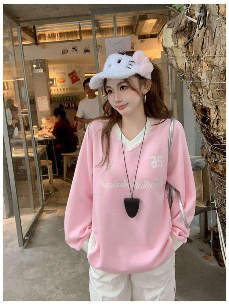 Women's Cotton Lace Trim Color Block V-Neck Sweatshirt – American College Style