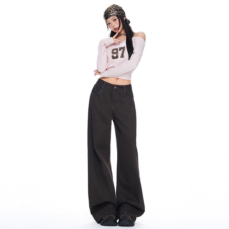 Coffee straight-leg loose jeans women's autumn new high-waisted drape and thin versatile wide-leg floor pants
