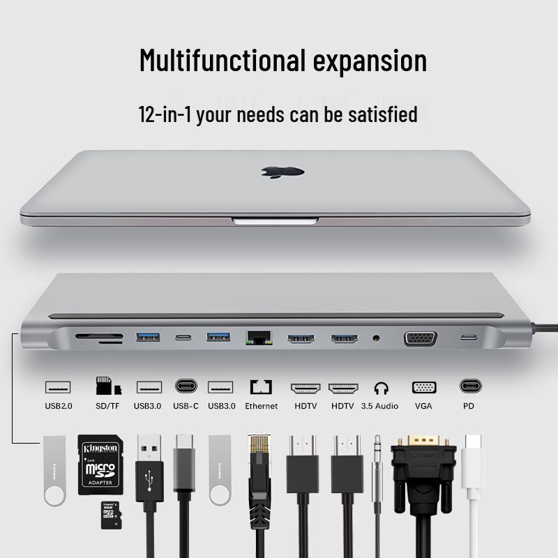 12-в-1 двухпортовая HDMI док-станция с гигабитным подставкой для ноутбука и многофункциональной базой