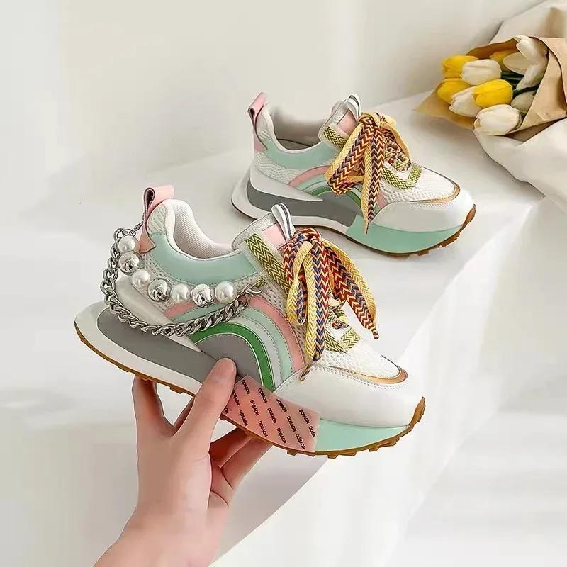Fashion New Lace Up Iridescent Pearl Chain Decorative Women's Vulcanized Shoes Women's Platform Sneakers Zapatos De Mujer Women Shoes