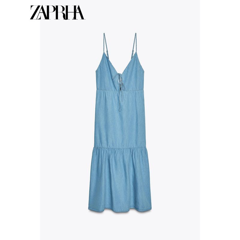 Zaprha 2025 Новое Сексуальное Чистое Желание Платье-миди на бретелях с украшением в виде банта, стройнящее, скрывающее живот 7484083