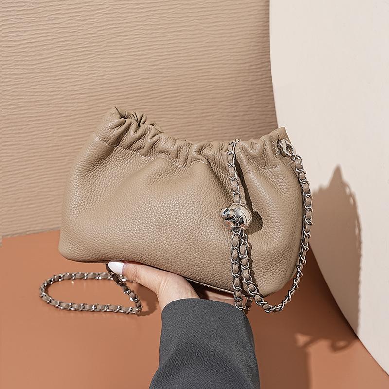 Women'S Bag Premium Pleated Cloud Underarm Bag Genuine Leather, Golden Ball Chain First Layer Cowhide Single Shoulder Messenger Bag