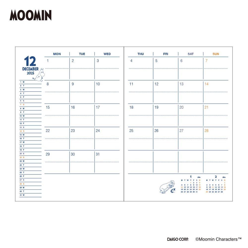 Daigo 2026 Moomin Weekly December 2025 Start Planner, Vertical, B6, Hattifatteners, Ivory, E6217,