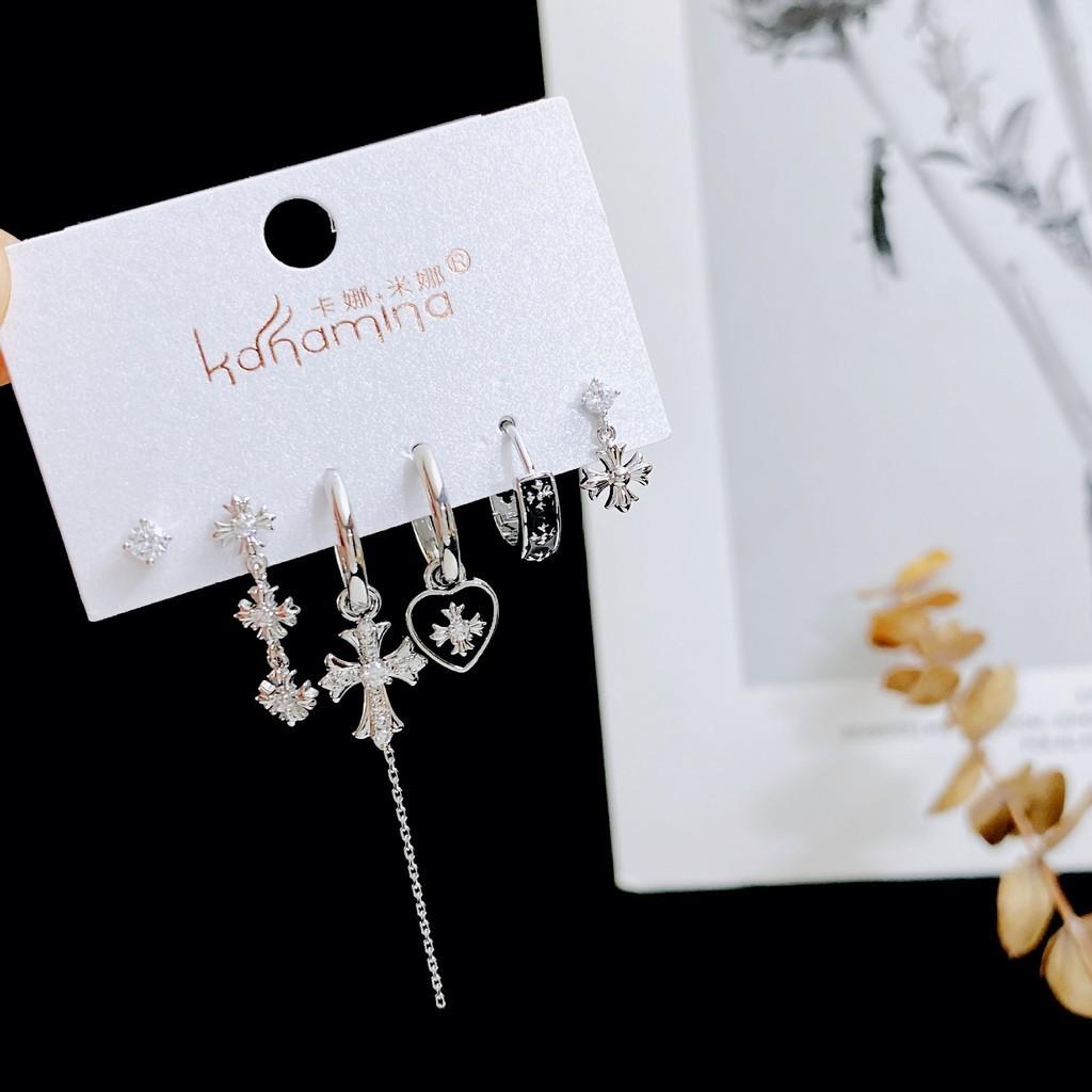 17KM 6 шт./компл. Y2K Star Heart Cross Hoop Серьги Комплект Циркон Серебряные Кисточки Серьги для Женщин Ювелирные Изделия Аксессуары