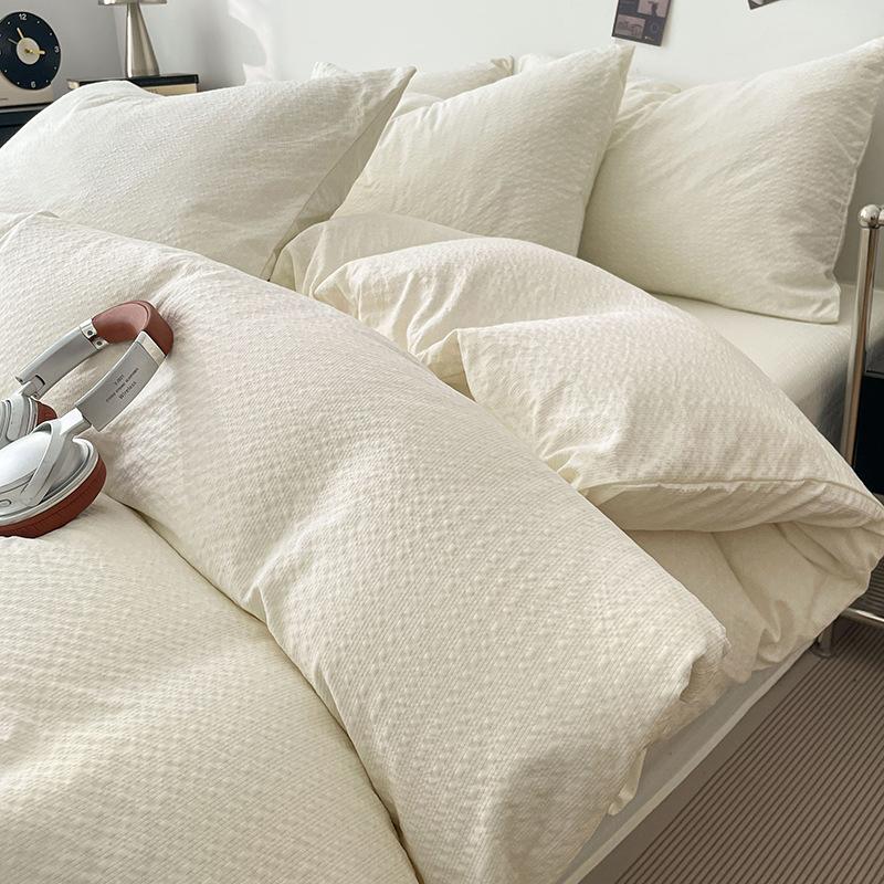 Japanese Simple Seersucker 4 Piece Bedding Set Sheet And Quilt Cover For Dormitory