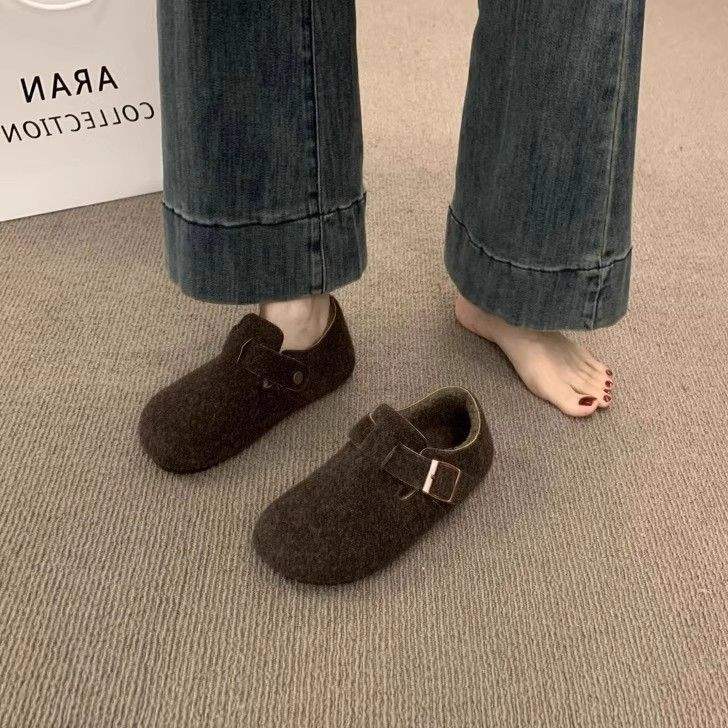 Ретро круглый носок фетровый флис Birkenstocks женские флисовые осенне-зимние на одной педали термохлопковые женские туфли шерстяные лоферы