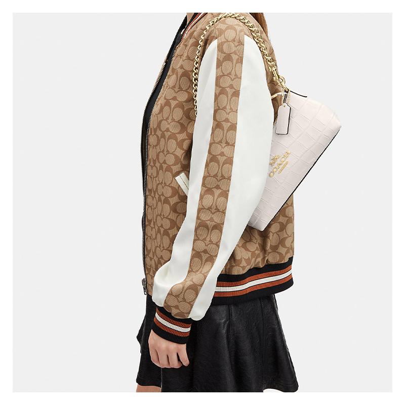 COACH Charlotte 25 Gold Logo Chain Zipper Pocket Crocodile Pattern Leather Pillow Bag Hand Crossbody Shoulder Bag Medium Women's Chalk White