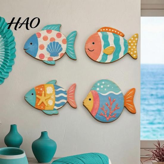 Coastal Wall Art Decor 4PCS Aspen Wood Fish Decor, Colorful Hanging Children Room Nautical Art, Beach Theme Decorative Plaques for Bathroom Living