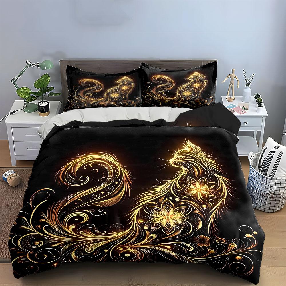 "Golden Cat Art Decor Set" Bedding Set with 1 Duvet Cover 2 Pillowcases Single Double King Queen, Gift