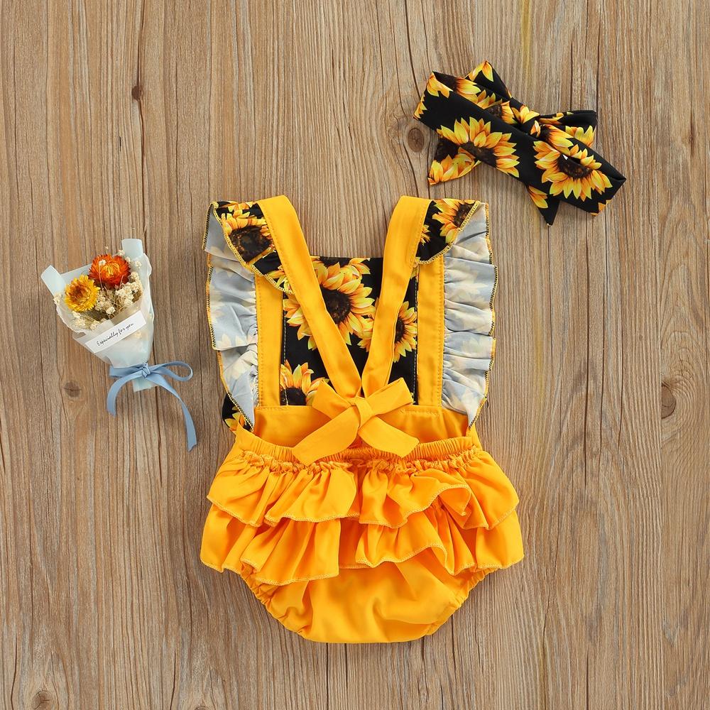 Одежда для новорожденных девочек, комбинезон с рюшами на рукавах и подсолнечником, открытая спина и повязка на голову для детей 0–24 месяцев