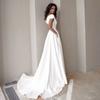 V-Neck Wedding Dress Fashion Short Sleeve Sweep Train Slit A Line Bridal Gown with Pockets