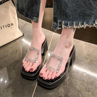 2024 Высококачественная женская обувь, летняя мода, открытый носок, однотонные женские тапочки, прозрачные женские туфли со стразами на высоком каблуке