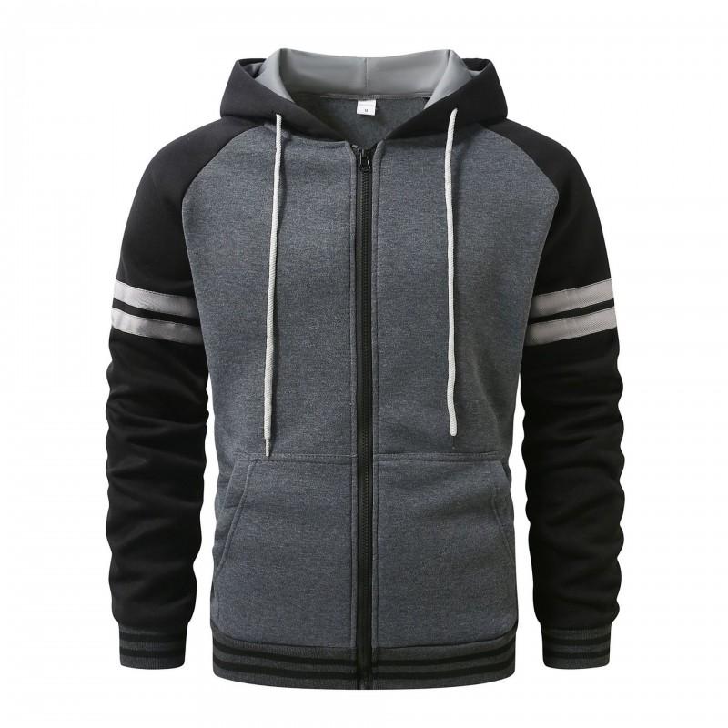 Mens Casual Hooded Zip-Up Sweatshirt Loose Fit Lightweight Cotton Blend Color Block Pullover