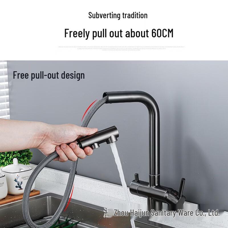 TLXT Gun Grey Pull-out Kitchen Faucet with Purified Drinking Water Function