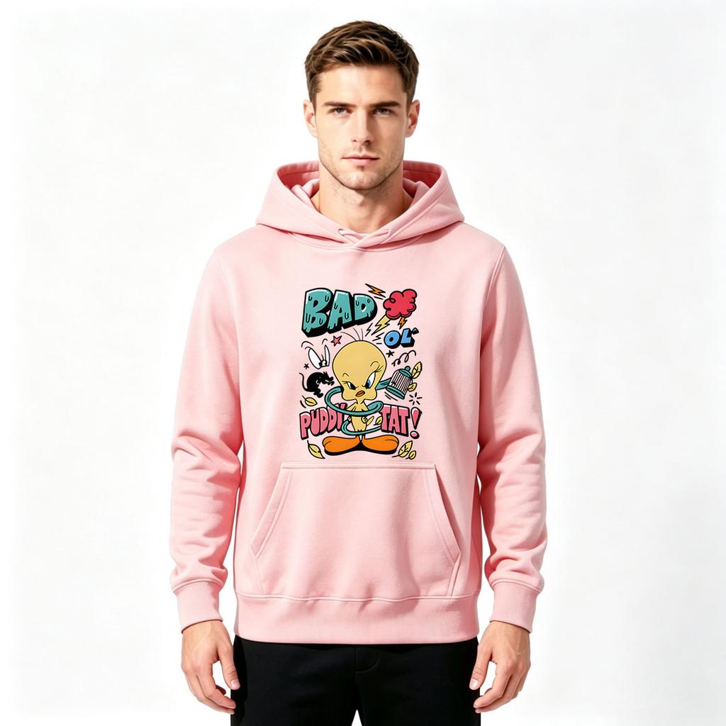 Men's Bad Ol' Puddy Tat Cartoon Printed Pullover Hoodie Casual Long Sleeve Sweatshirt
