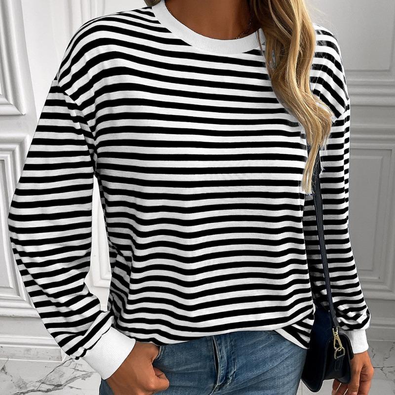 Striped T-Shirts Women’s Loose Long Sleeve Pullover Round Neck T-shirt Top