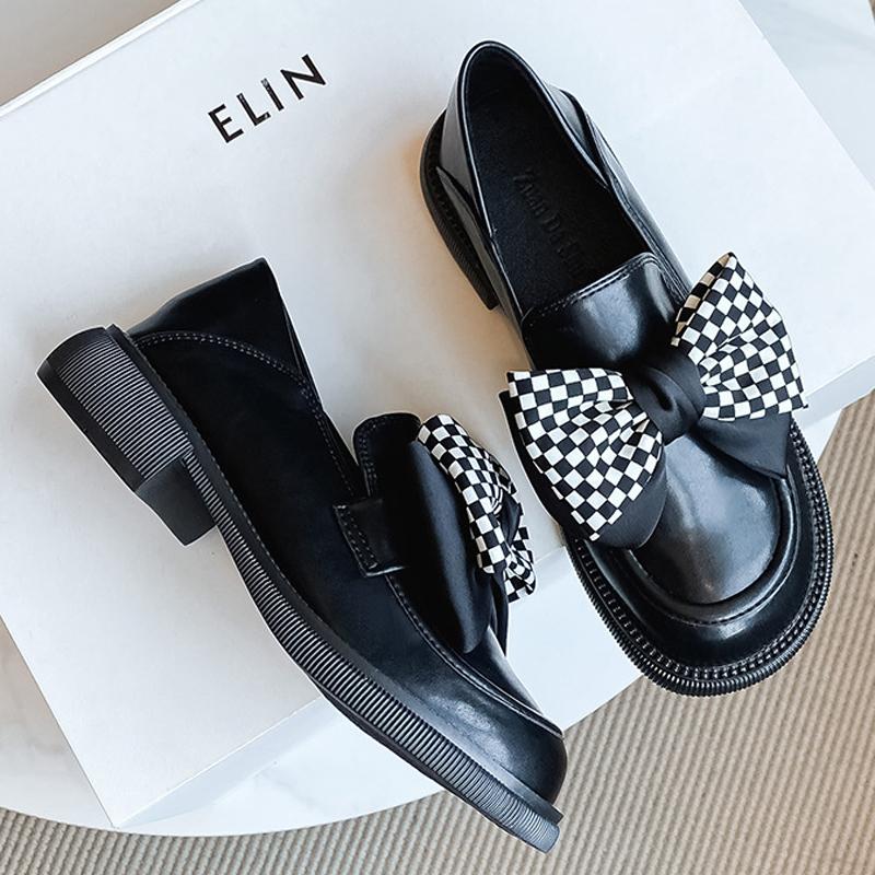 Модные туфли в стиле Лолита 2024 года, женские туфли Мэри Джейн с клетчатым бантом, маленькие кожаные туфли на плоской подошве, женские кроссовки с широким носком, женские оксфорды, мокасины, туфли-лодочки