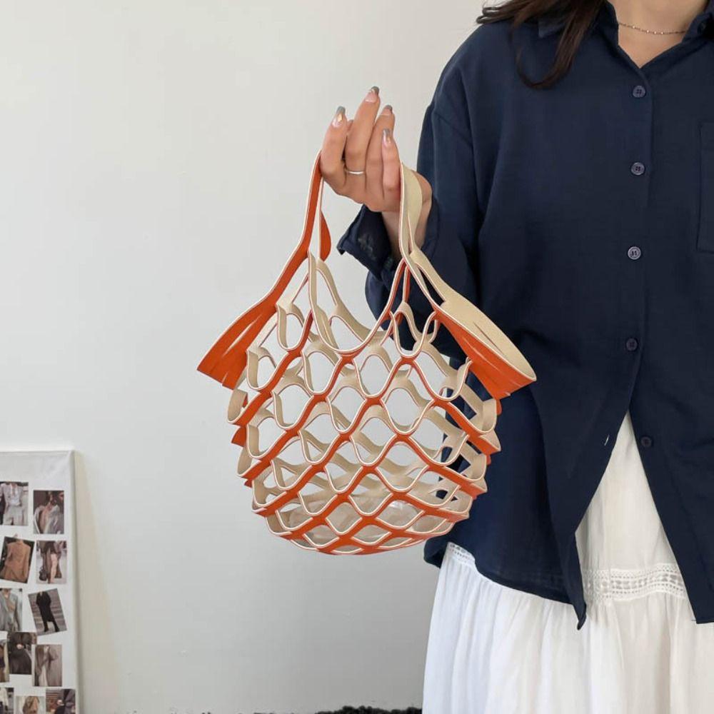 Fashion Leather Folding Tote Bag Foldable Woven Handbag Trendy Hollow Out Weave Bag Storage