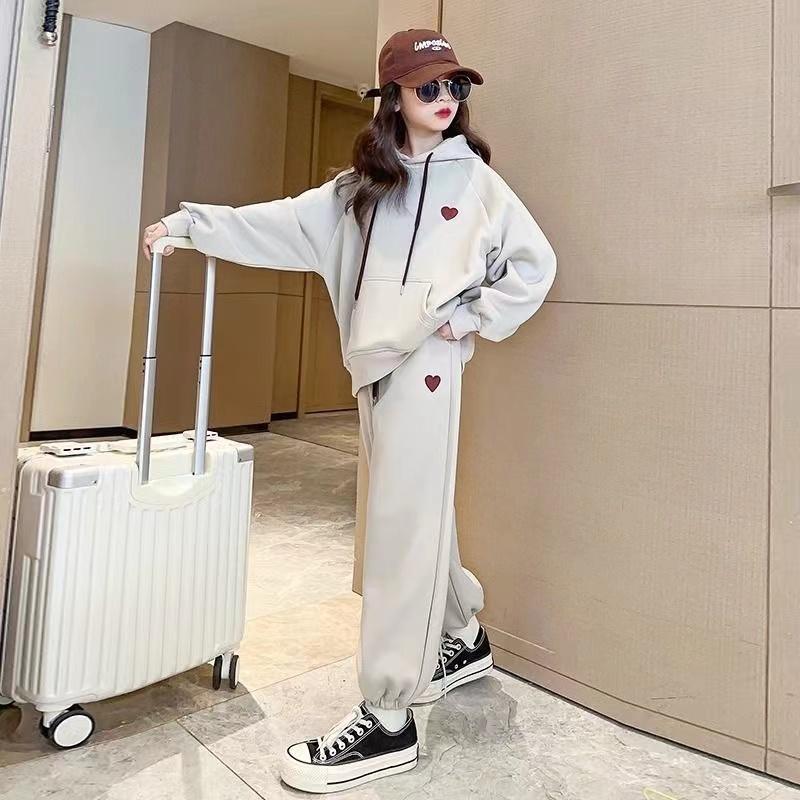 Девочки Зима Осень Мода Ins Ootd Корейский Стиль 2 шт Толстовка с Капюшоном + Брюки Спортивные Костюмы 6-14 лет Детская Повседневная Одежда Комплекты