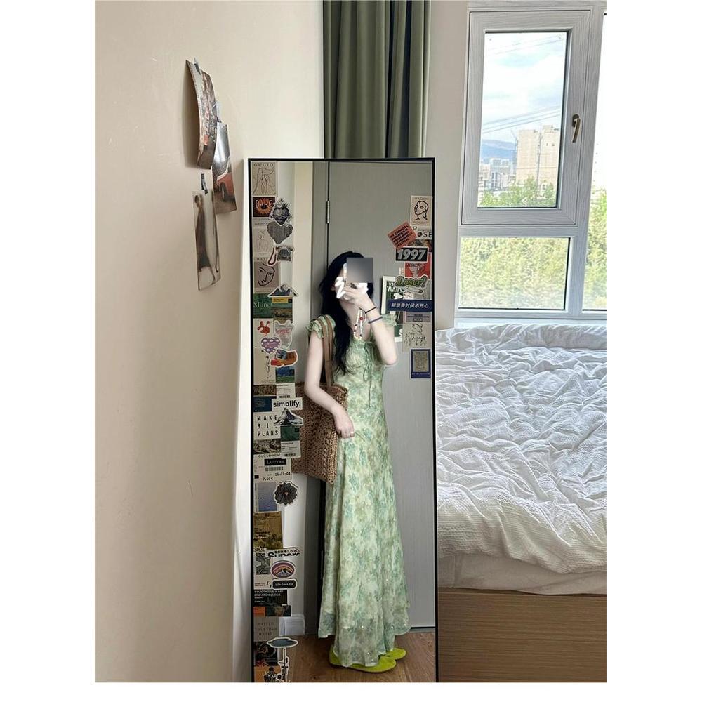 Новое летнее красивое зеленое платье с цветочным принтом для девочек Детское платье Xia Xiaofei с рукавами и завышенной талией