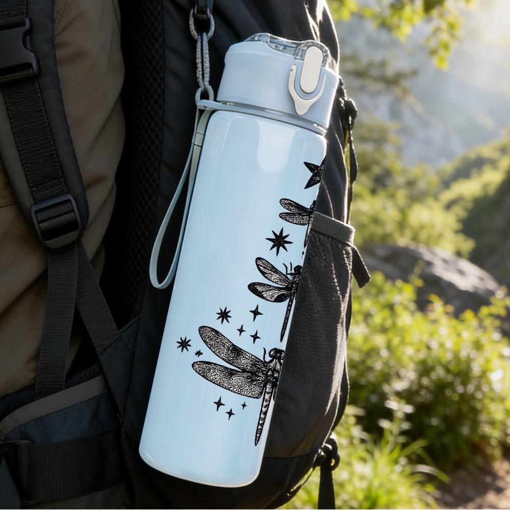 1PC Dragonfly On Pine Tree Silhouette Print 750ml Color Plastic Sports Water Bottle Leakproof Flip Straw Lid Suitable for Sports Office Home Use