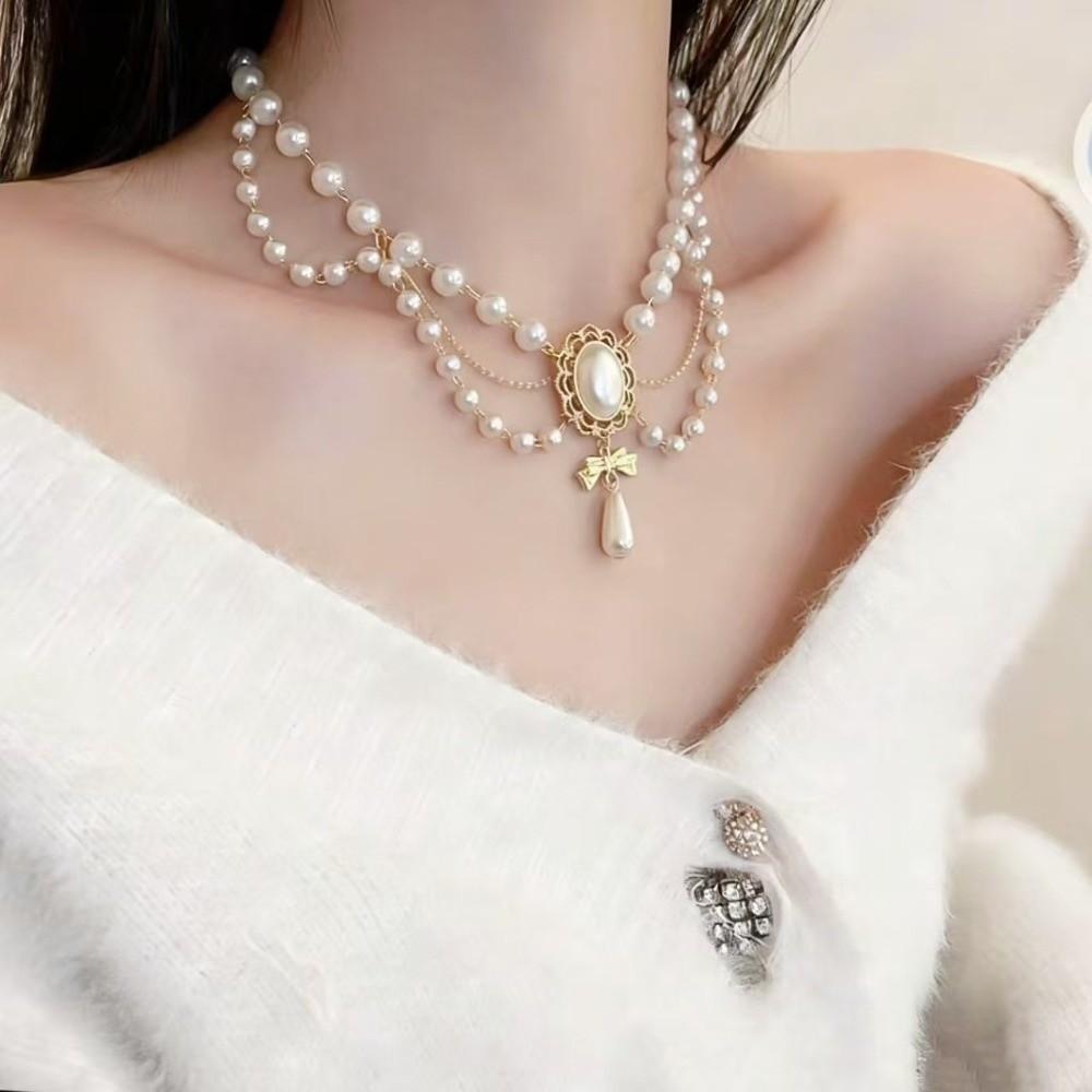 Double Layer Imitation Pearl Necklace Palace Style Bridal Jewelry Accessories for Women
