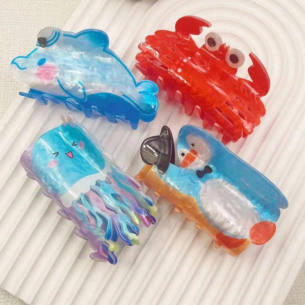 1pc Water Pattern Acrylic Cute Fashion Cartoon Double Sided Printing Hair Claw Ocean Series Shark Clip