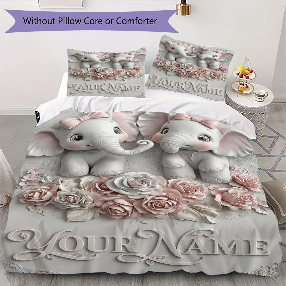 Custom Name Jungle Elephants Waterfall Bedding,Quilt Set Quilt Cover Pillowcase Home Birthday Gift(1 * duvet cover + 2 * pillowcase, without core)_lx