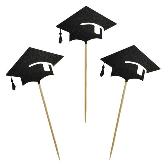 6 Pcs Graduation Cake Toppers Mini Grad Cap Cupcake Toppers Black Glitter Food