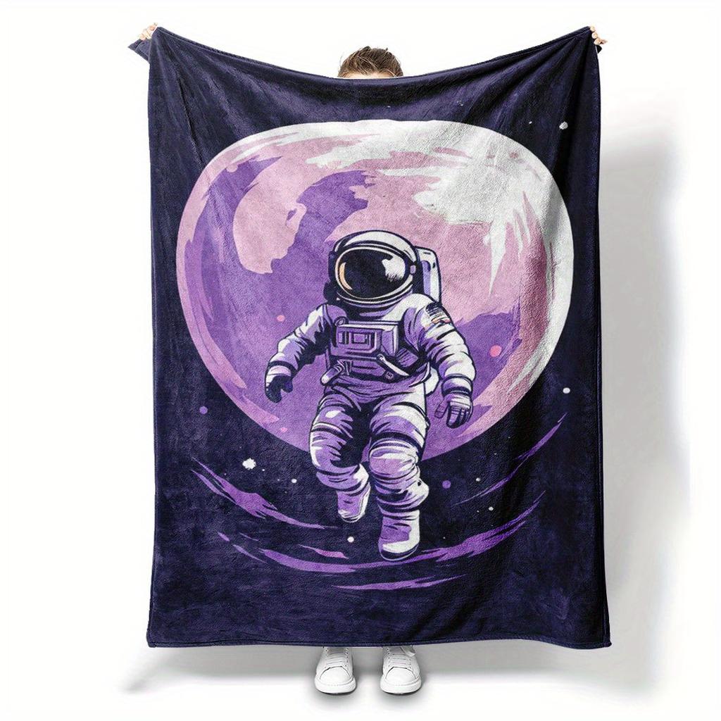 Astronaut Moon Flannel Throw Blanket – Cosmic Space Design, Soft Cozy Fleece for Home, Office, Sofa & Car – All-Season Use