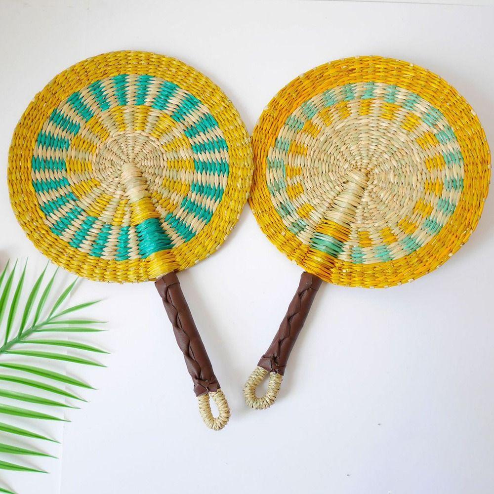 Bohemian Seagrass Woven Fan Colorful Striped Patterns Summer Cooling Fan Home Decoration