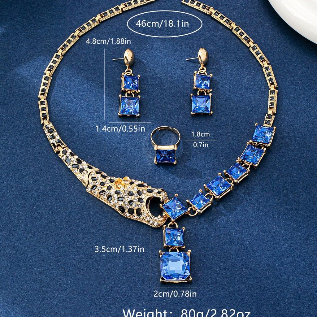 Leopard Blue Diamond Jewelry Set Gold Plated Panther Pendant Choker Earrings Ring Wild Luxury Women Accessories