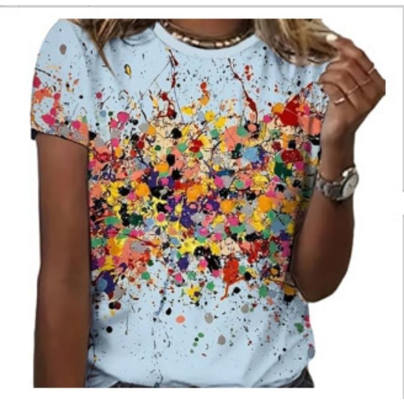 Colorful Pattern 3D Digital Printing Women's Loose Casual Round Neck Short Sleeved Shirt T-Shirts Women’s