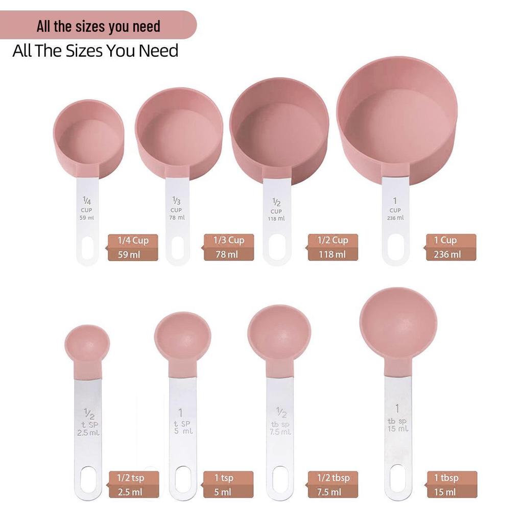 Stainless Steel Handle 8-Piece Measuring Cup & Spoon Set with Food-Grade Plastic Scaled Cups