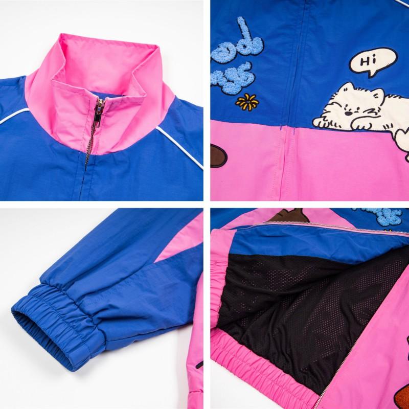 American Vintage Color Block Stand Collar Jacket Cartoon Dog Embroidery Loose Zip Coat Men Women